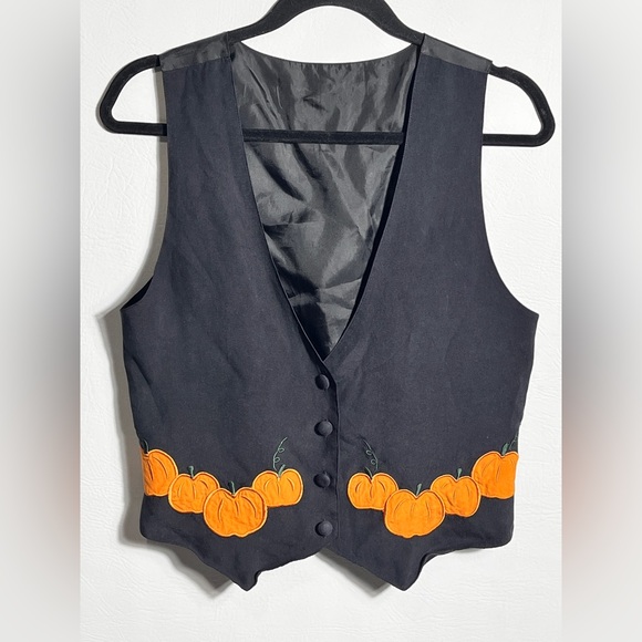 Source Unknown Jackets & Blazers - Black Silk Vest with Orange Pumpkin Embroidery Medium